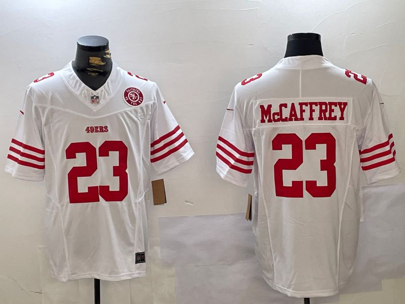 Men San Francisco 49ers #23 Mccaffrey White Three generations 2024 Nike Vapor Limited NFL Jersey style 6